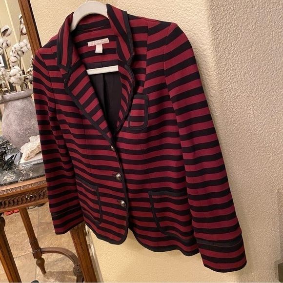 BANANA REPUBLIC Women Burgundy & Black Striped Blazer Jacket Size 0 - Picture 2 of 9